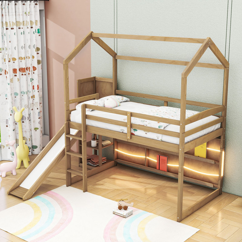 Lit mezzanine simple en bois avec glissoire et rangement, Bois