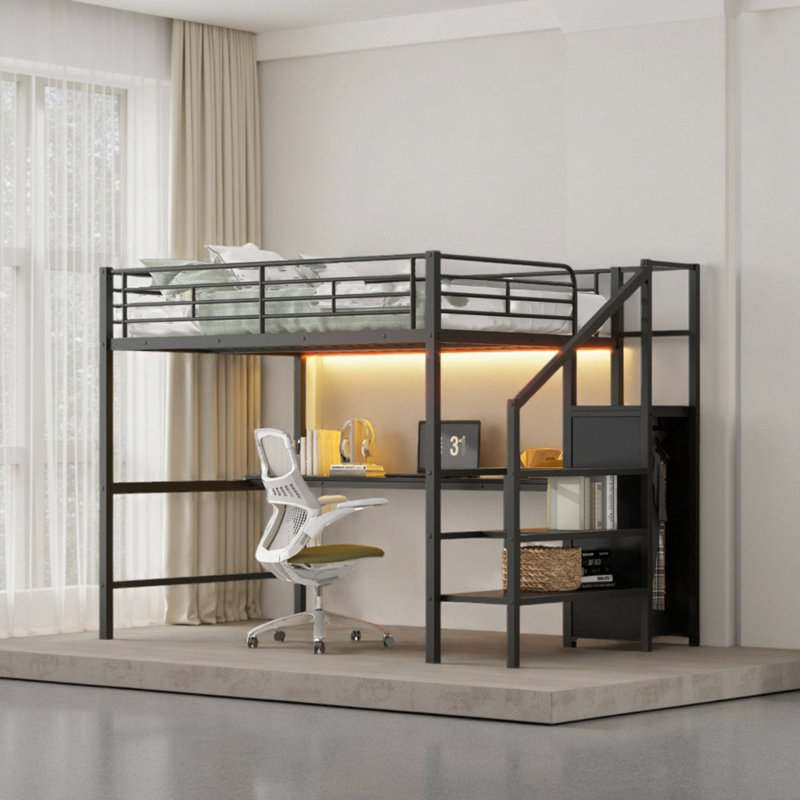 Lit mezzanine double en métal avec bureau et petite armoire