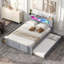 Grand lit plateforme en bois avec rangement à DEL, 2 tiroirs et 1 lit gigogne simple, gris