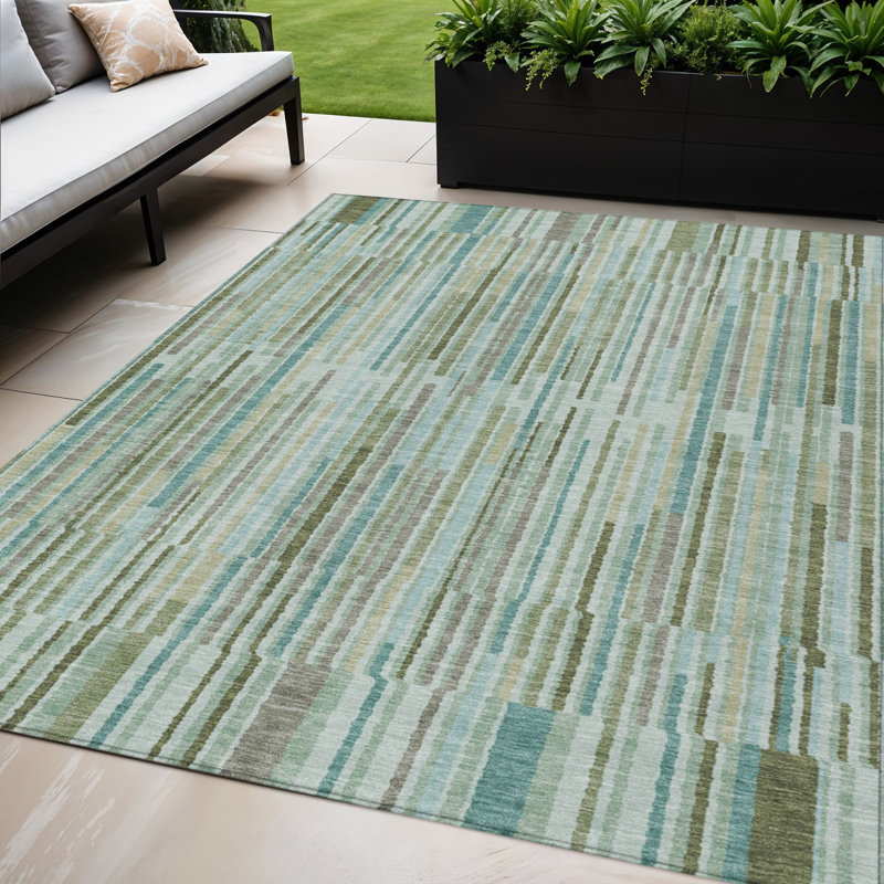 Tapis intérieur / extérieur rayé vert et bleu sarcelle 5 pi x 8 pi lavable