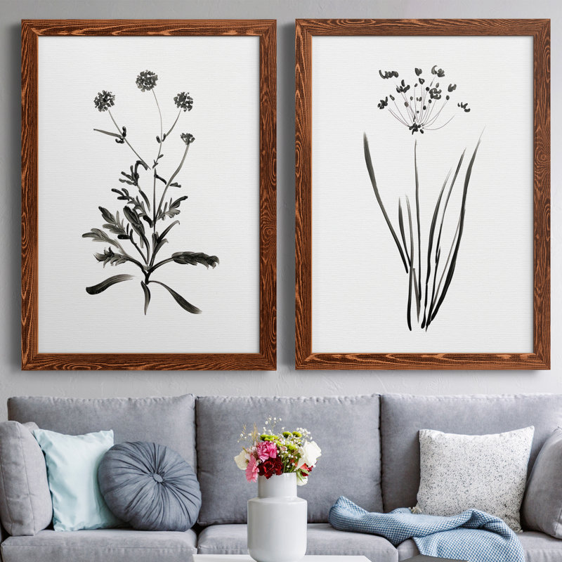 Inky Botanical I - Ensemble de 2 peintures sur toile encadrées, Cadre en érable, H 44 po x l 31 po x P 1 po