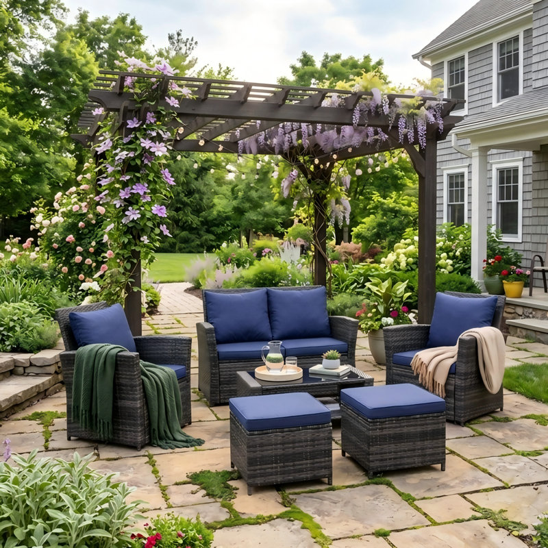 4 Person Wicker Patio Furniture Sets With 2 Ottomans, Dark Blue
