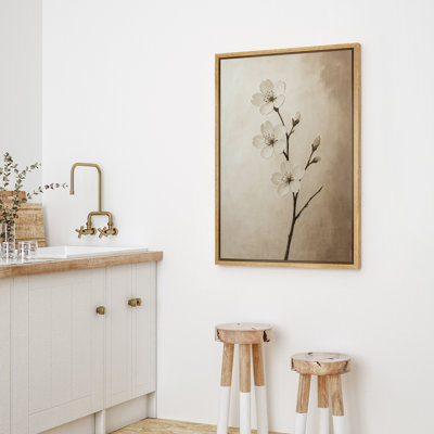 Cherry Blossom Branch Neutral Floral Zen-Inspired Decor - Framed Canvas Wall Art Print
