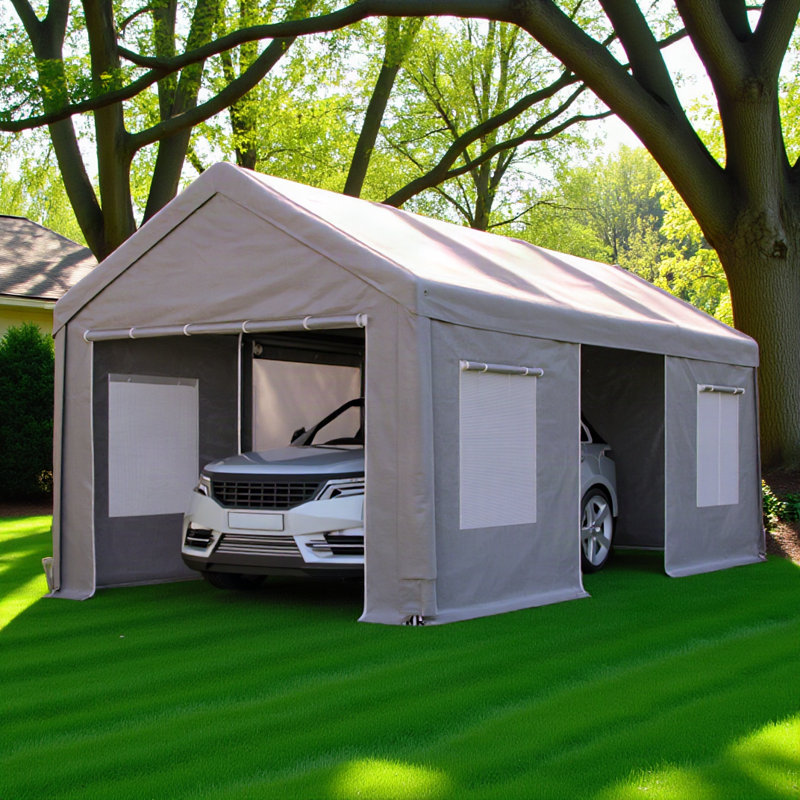 12x20 FT Heavy Duty Carport Canopy, Outdoor Garage with Roll-Up Doors & Mesh Windows, Galvanized Steel Frame, Waterproof UV Protection – For Car, SUV, Party, Market, Storage