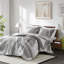 3 pièces d'édredon en coton double / grand gris avec motif botanique, rembourrage, 2 taies décoratives, coton, -, lavable en machine