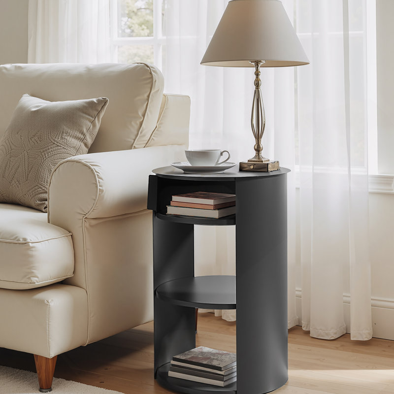 Indoor 3-Tier Round Metal Side Table With Sliding Cabinet, Matte Black | Gift Idea, Matte Black
