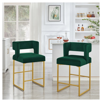 Emerald Velvet Counter Height Bar Stool with Square Back and Metal Footrest