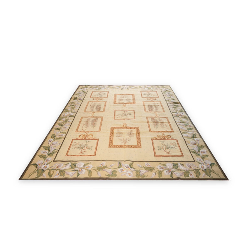 Tapis tissé à plat Vintage Aubusson, panneau botanique ivoire 8 pi 0 po x 10 pi 0 po