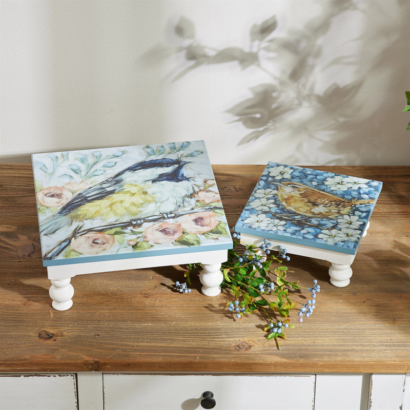 Plateau à piédestal floral en bois (ensemble de 2)