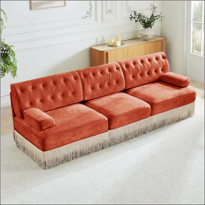 3-Seater Pet-friendly Velvet Sofa with Floor-grazing Tassel Fringe, Button Tufted Design, and Premium Wooden Base for Living Rooms and Bedrooms