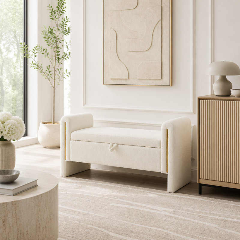 Banc de bout avec accoudoirs et rangement Modern, Crème