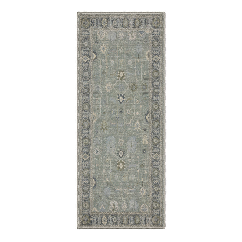 Tapis de couloir oriental bleu / gris lavable à la machine avec envers antidérapant, Tapis de couloir 96 po x 30 po