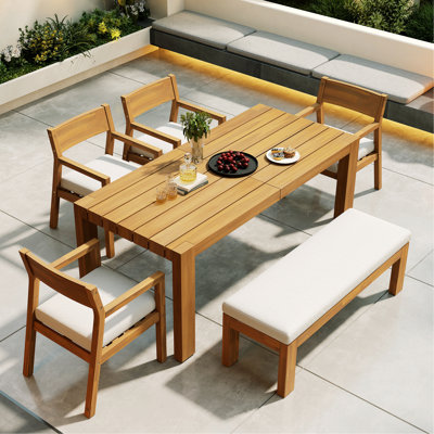 Ensemble de table de salle à manger de patio, table rectangulaire d'extérieur avec trou pour parasol, chaises et banc avec coussins amovibles pour la cour, le jardin et la piscine