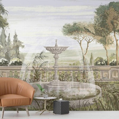 Vintage Garden Terrace Fountain Landscape Wall Mural