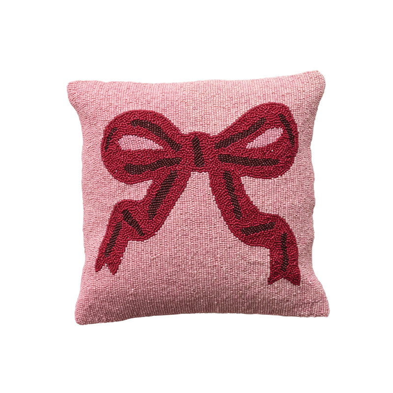 Glass Bead Embellished Cotton Pillow with Bow