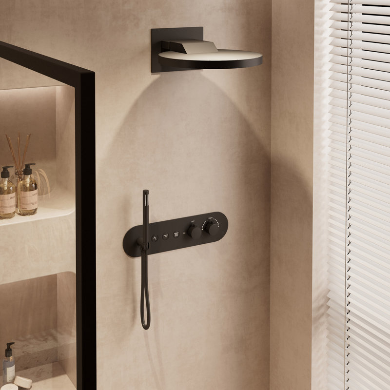 Système de douche thermostatique complet mural à 3 fonctions 16 po avec douchette à main Ancoats, Noir mat
