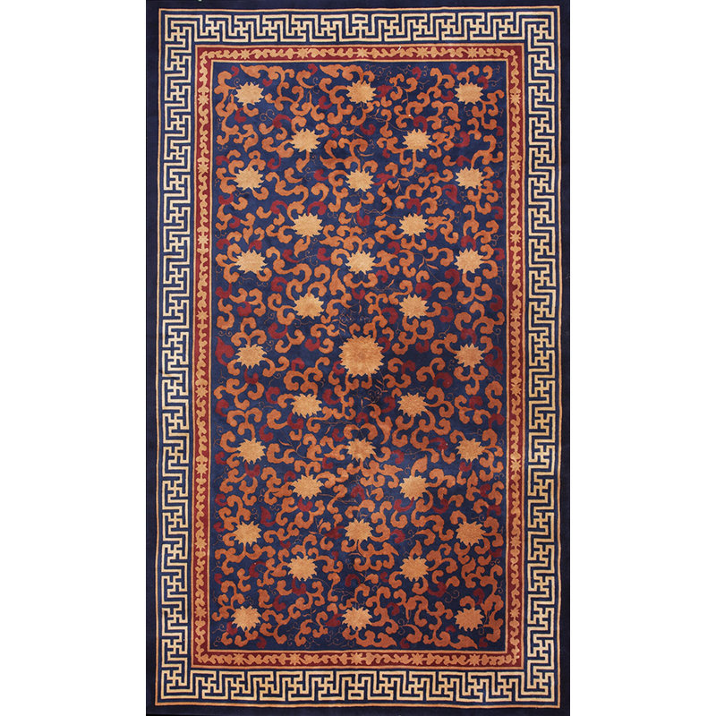 Tapis bleu en laine noué à la main à motif floral antique des années 1920