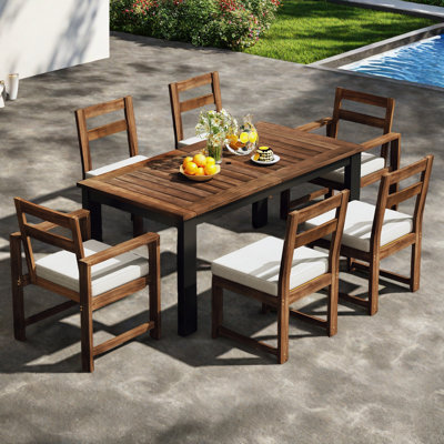 7 Piece Patio Table And Chairs Set, Wood Dining Table Set For 6 With Umbrella Hole, 2 Armchairs & 4 Side Chairs, Outdoor Patio Furniture Set For Garden, Backyard, Poolside