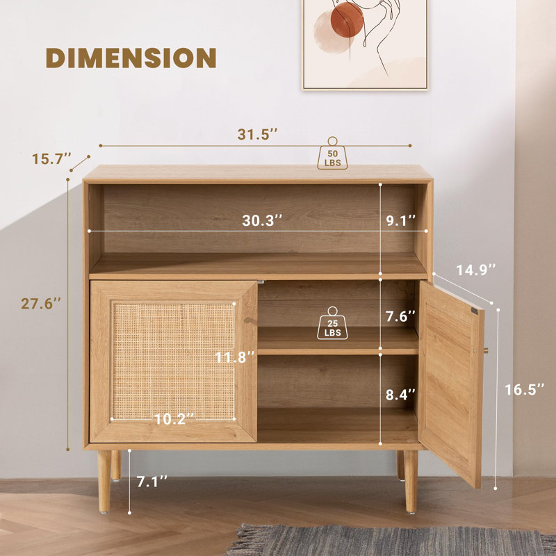 Rattan Storage Cabinet Boho Sideboard Buffet Cabinet with Natural Rattan Doors