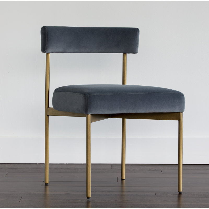 Seneca Upholstered Dining Chair, Slate Velvet, Antique Brass