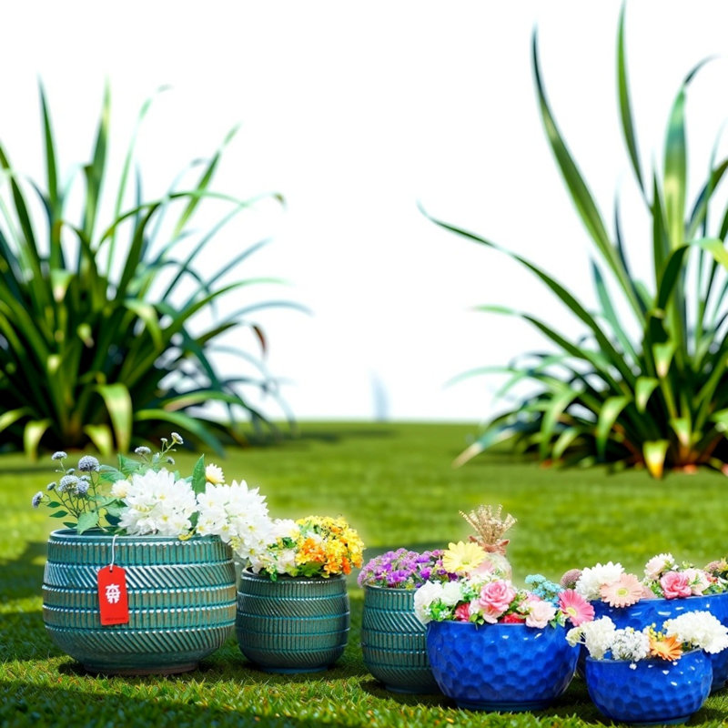 Pot à fleurs antique en céramique bleu marine pour terrasse, jardin, rebord de fenêtre, etc. (3 pièces)
