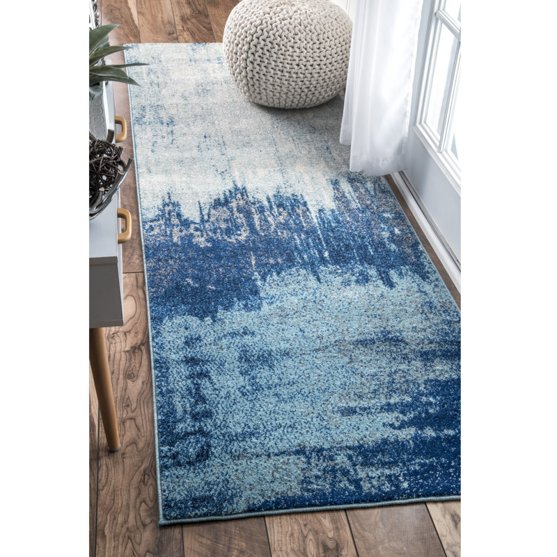Gleno Abstract Waterfall Power Loom Performance Blue Rug, Runner 2'6" x 12'