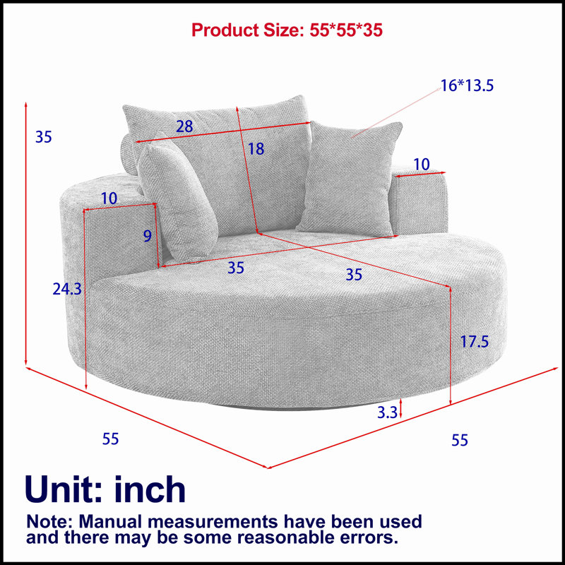 55 po L 55 po Chenille simple chaise pivotante à 360 degrés pour le salon, etc., Noir