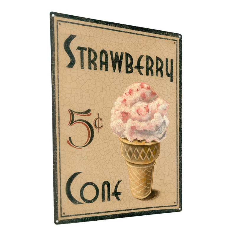 Plaque rétro en métal avec fraise, H 15,5 po x l 11,5 po x P 0,04 po