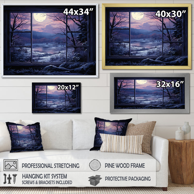 «Purple River Winter Windows III - Winter Landscape», art mural, Cadre de coin blanc fermé, H 34 po x l 44 po x P 1,5 po
