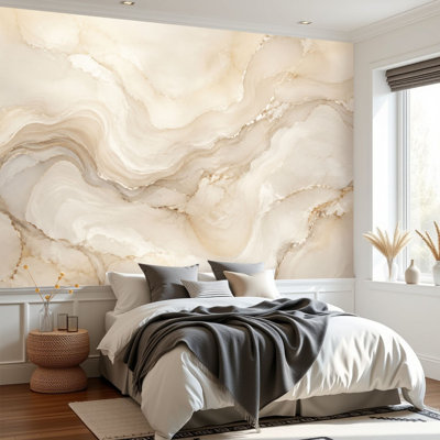 Papier peint adhésif élégant à motif marbre abstrait aux tons beiges doux, 175 cm (H) x 244 cm (L), en PVC amovible et autocollant, idéal pour chambre, salon ou bureau.