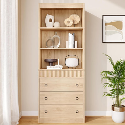 70.8" Fluted Bookcase Light Wood Bookshelf 6 Tier Bookcase with Storage, Tall Book Shelf with Waved Design, Storage Cabinet for Living Room Office