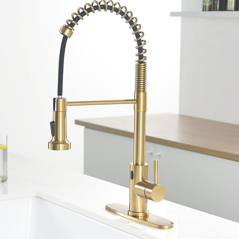 Hands Automatic Smart Faucet - Touchless With Modern Pull Down In Brushed Gold For Convenient Kitchen Use Stainless Steel 2-Inch Sensing Distance &