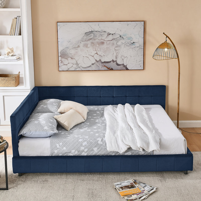 Upholstered Tufted  Bed Frame, Sofa Bed Frame With Comfortable Backrest And Armrests,For Bedroom, Living Room,Velvet, Queen