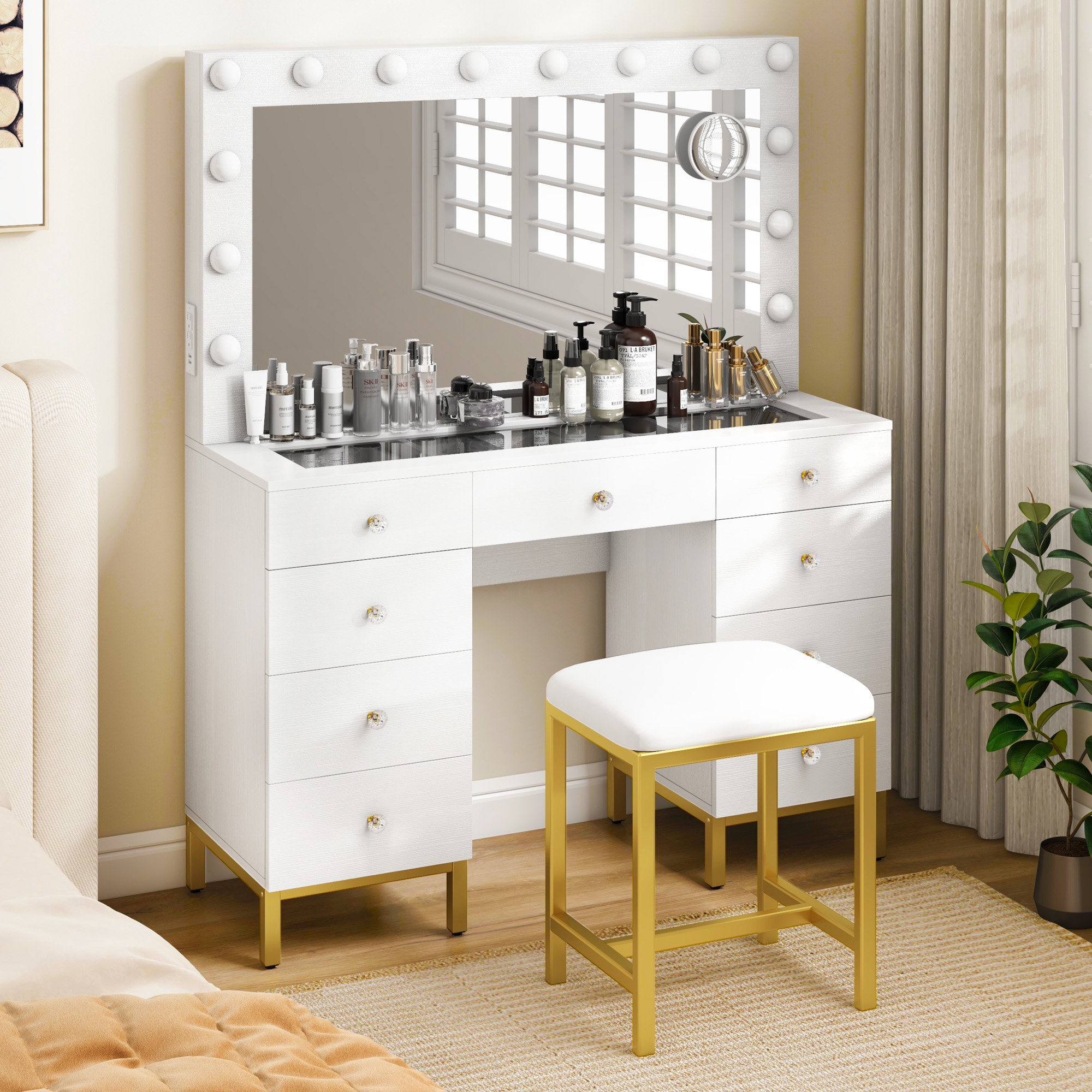 Latitude Run® Lagertha 45.2'' Makeup Vanity Desk Set with Lighted 