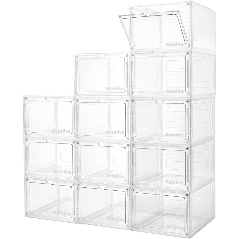 12-Pack Clear Stackable Shoe Storage Boxes With Magnetic Door, Thickened Plastic Shoe Organizer, Drop Front Design