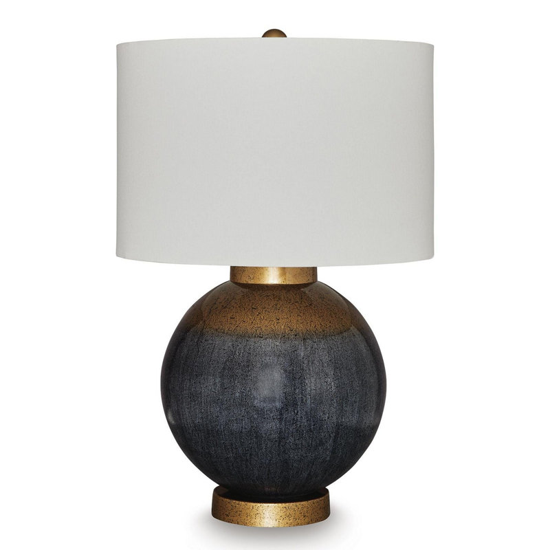 Lampe de table Kara, corps rond, abat-jour blanc, métal ombré bleu doré 27 po