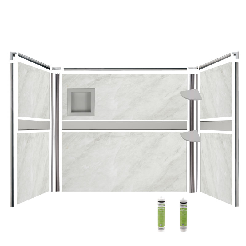 Arctic Mist Poly Tub & Shower Surround with Design Strip 3- Walls up to 48Dx96Wx48Dx96H, Gray
