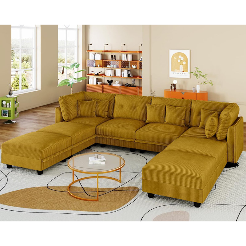 Degennaro 8 Seat Corduroy Convertible Modular Sectional Sofa With Storage, Yellow Corduroy