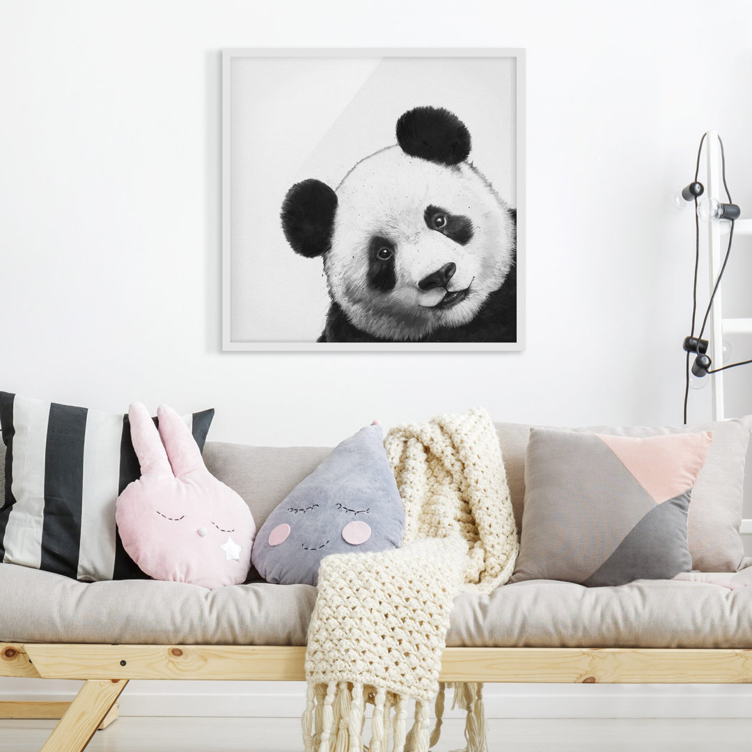 Gerahmter Grafikdruck Illustration Panda in Schwarz/Weiß