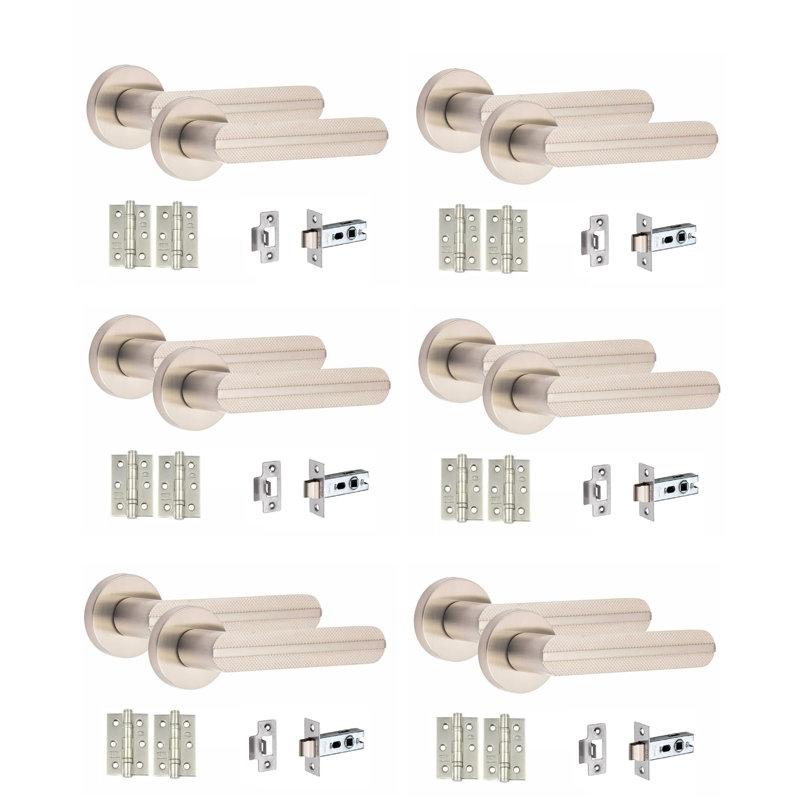  6 Sets Modern Lima Knurled Design Premium Door Handles on Round Rose in Satin Nickel Finish with 2.5" Latch and 1 Pair of Ball Bearing Hinges
