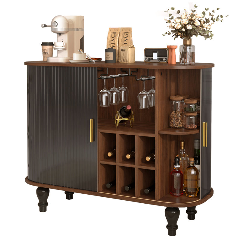 Buffet de bar 39 po avec porte-verres et porte-bouteilles 39 po Modern, Black/Walnut