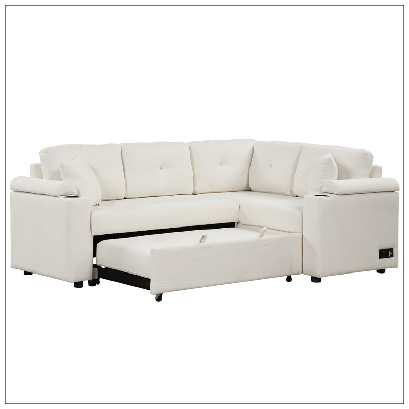 Canapé-lit escamotable en forme de L de 83 po avec roulettes, ports USB, prises de courant pour salon, beige