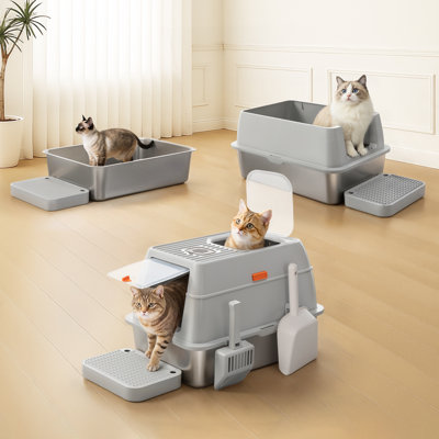 Bac à litière 3 en 1 en acier inoxydable avec couvercle, bac à litière fermé avec 2 pelles à litière et pédale de filtre, bac à litière pour chat à double entrée