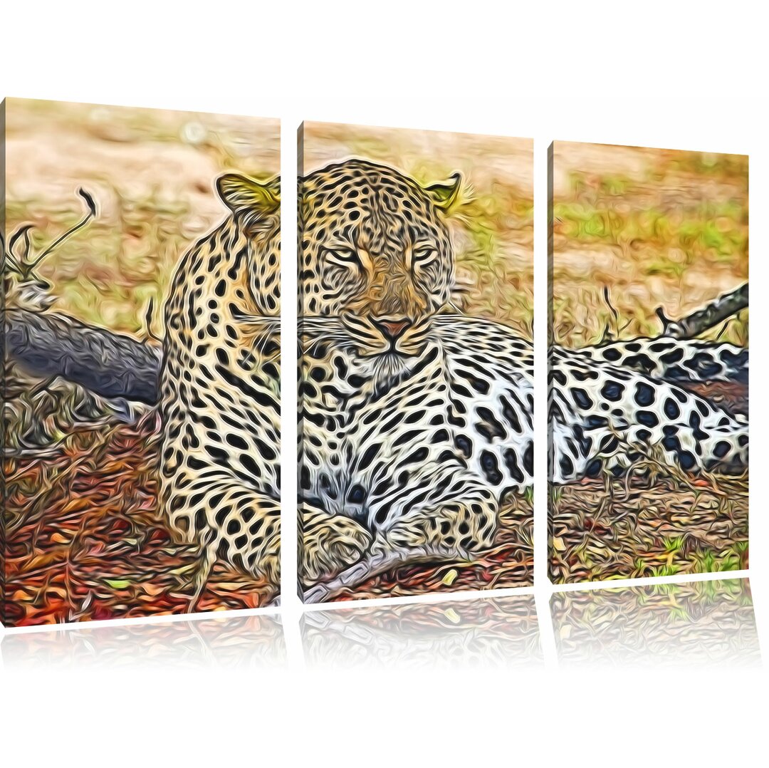 3-tlg. Leinwandbilder-Set „Liegender Leopard im Laub“, Grafikdruck