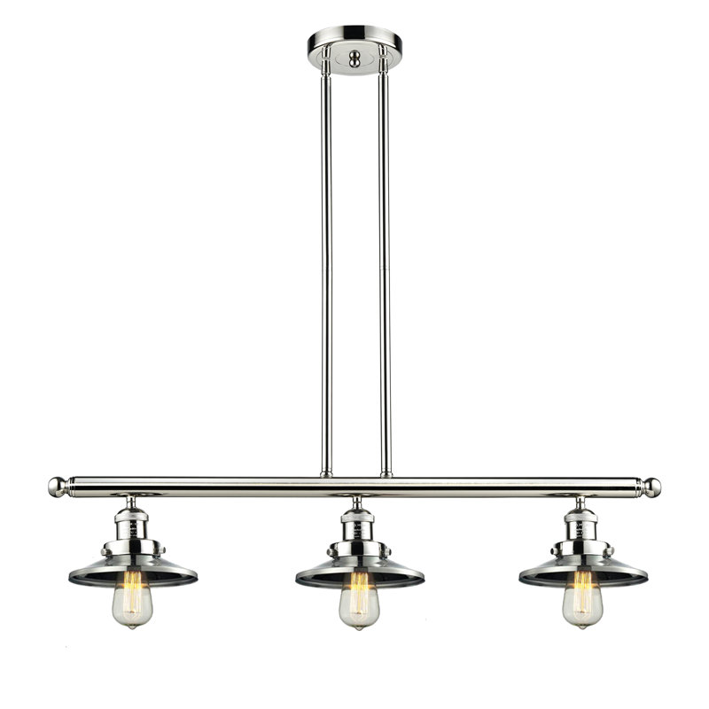 Luminaire suspendu linéaire à 3 lumières pour îlot de cuisine Gault, Nickel poli, Chemin de fer en nickel poli