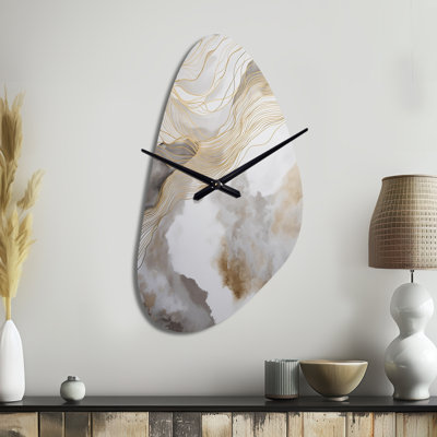 Gold And Grey Abstracted Line Artistry V - Line Art Asymmetrical Metal Wall Clock, Gold Irregular Shape Clock Print