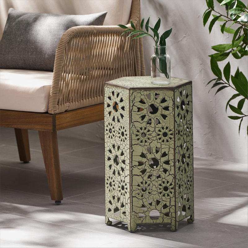 Vintage Industrial Iron Outdoor Side Table with Sunburst Cutout Design for Patio, Porch & Garden, Green/Brown, 1