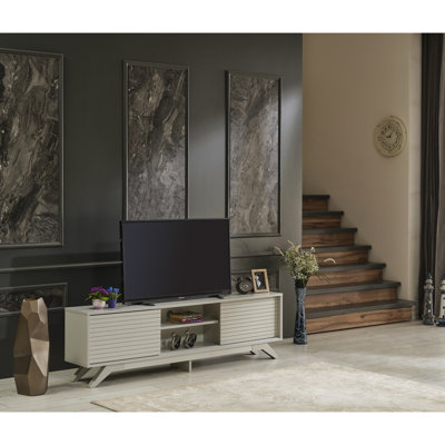 Meuble télé Mid-Century gris de 67 po avec 2 armoires à portes coulissantes et tablettes