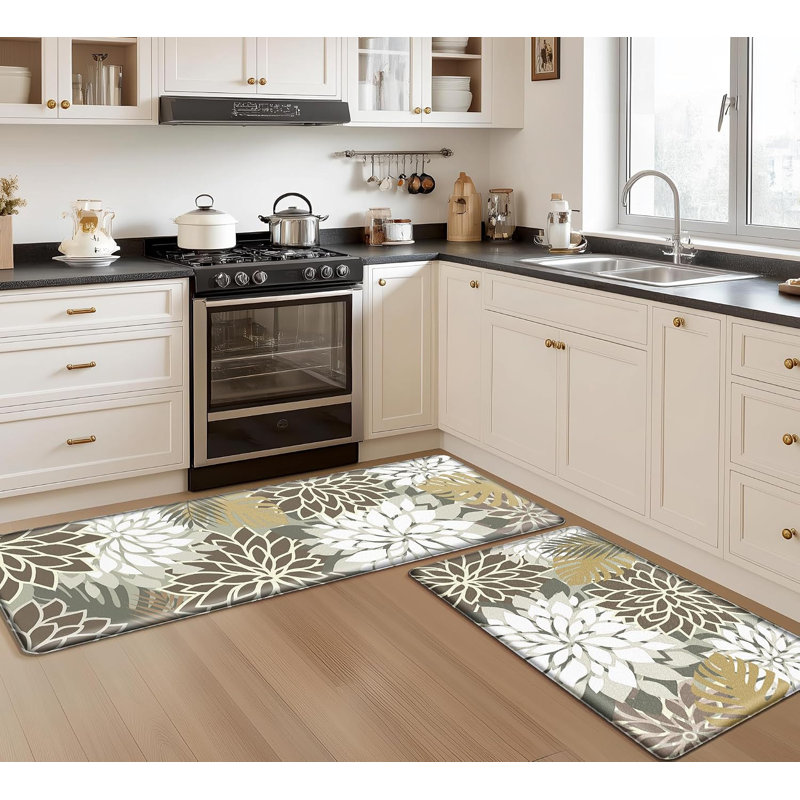 Ensemble de 2 tapis de cuisine antifatigue, antidérapants et confortables, en mousse, marron et blanc., Brun / blanc