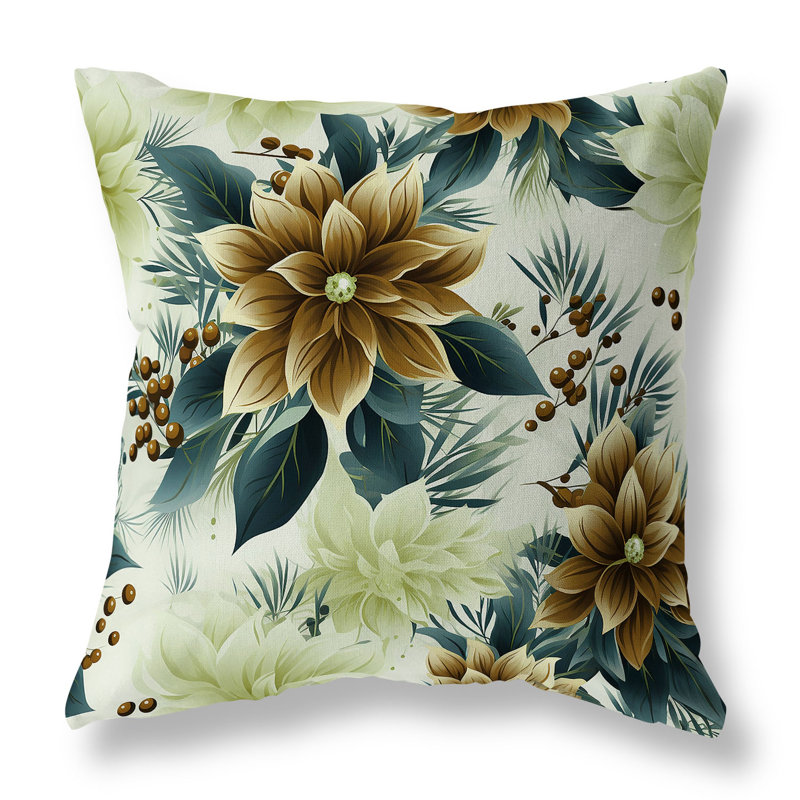 Holiday Floral Blue and Coffee Square Throw Pillow